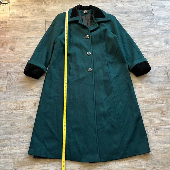 Vintage Wool Trench Coat Women's Large Green Velvet Black Neck Buttons 80s 90s - Picture 10 of 11